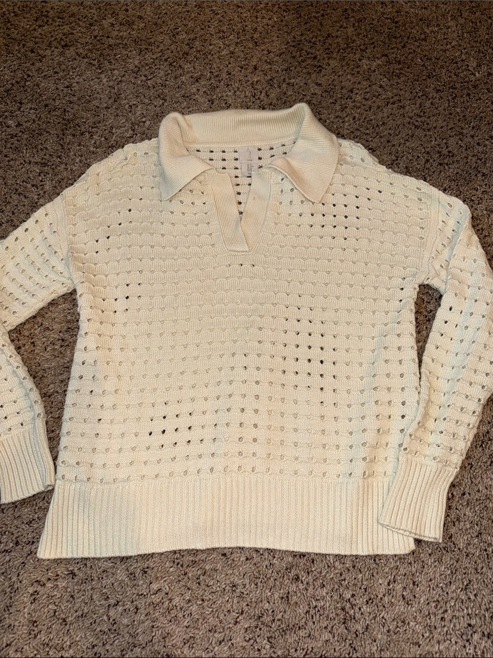 Women's Cream Open-Knit Polo Sweater
